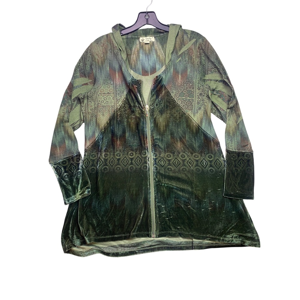 Unity World Wear Sweater Womens Medium Velvet Mixed Media Full Zip Hooded - Picture 1 of 7